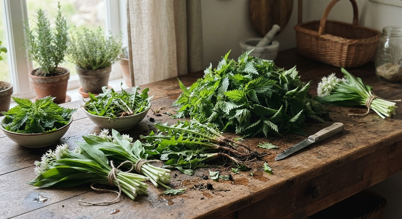 Freshly foraged stinging nettle, dandelion leaves and wild garlic bundles spread on a rustic wooden kitchen table