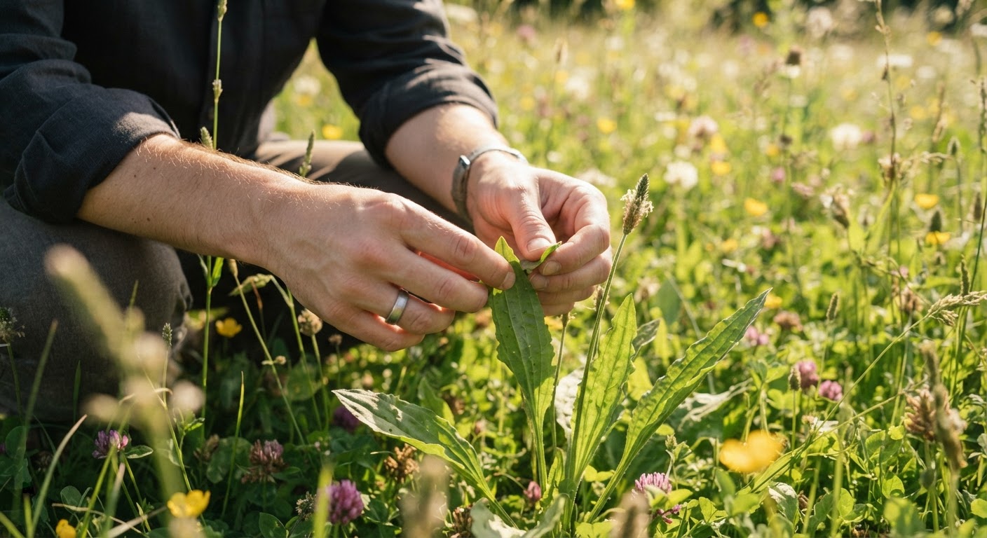 Close-up of hands gently examining the leaves of a green wild plant in a sunlit meadow while learning to identify it