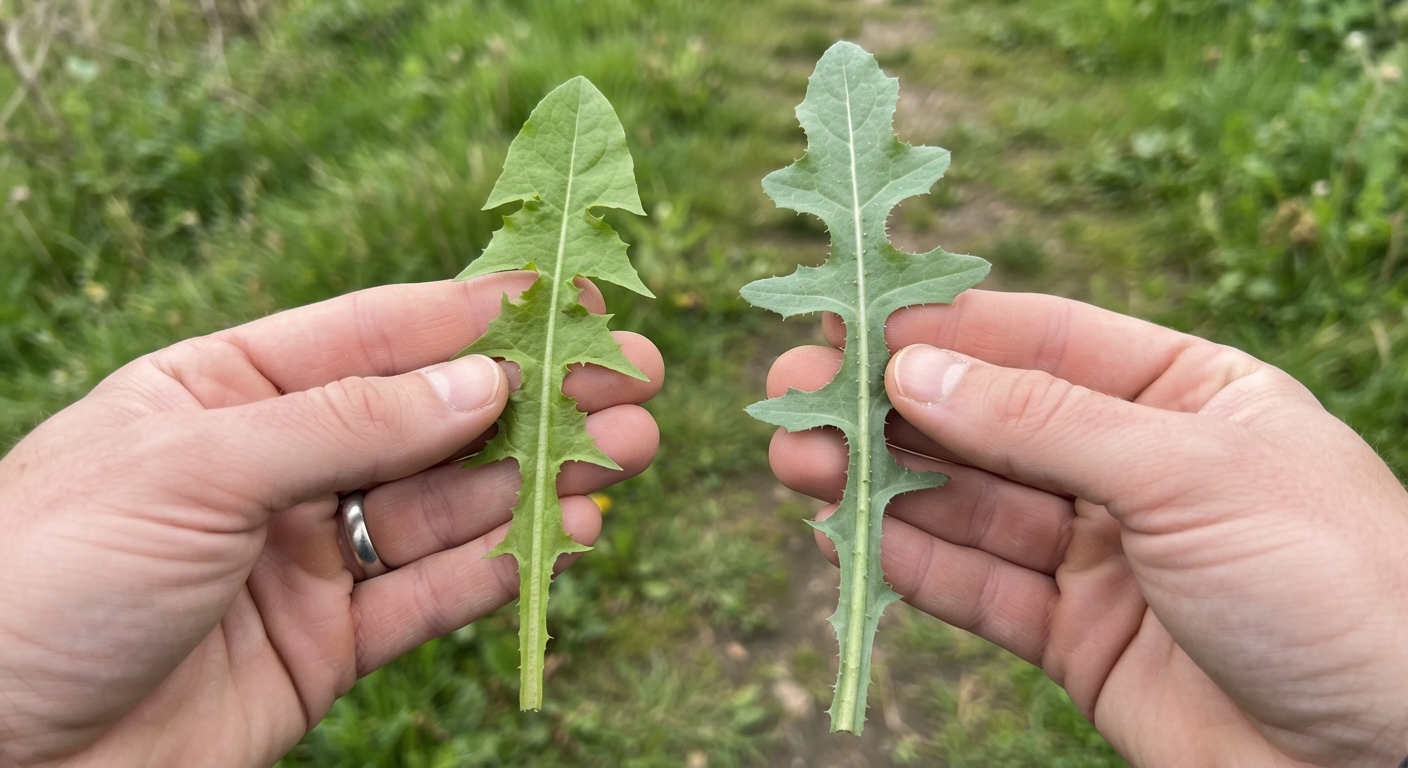 Two hands holding a dandelion leaf and a similar-looking wild lettuce leaf side by side outdoors for plant identification comparison, close-up detail of leaf shape and edges