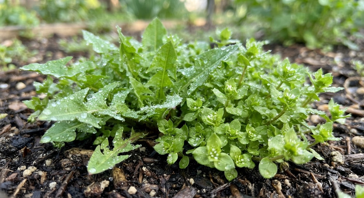 Close-up of fresh young dandelion greens and chickweed growing in a garden bed with morning dew, shallow depth of field