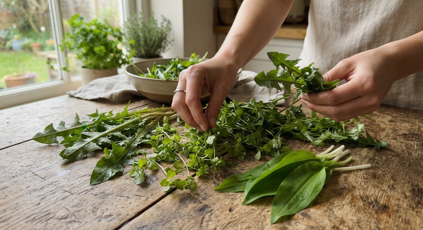 Fresh dandelion greens, chickweed, and wild garlic spread on a rustic wooden table being sorted by experienced hands, realistic, shot by iphone 13