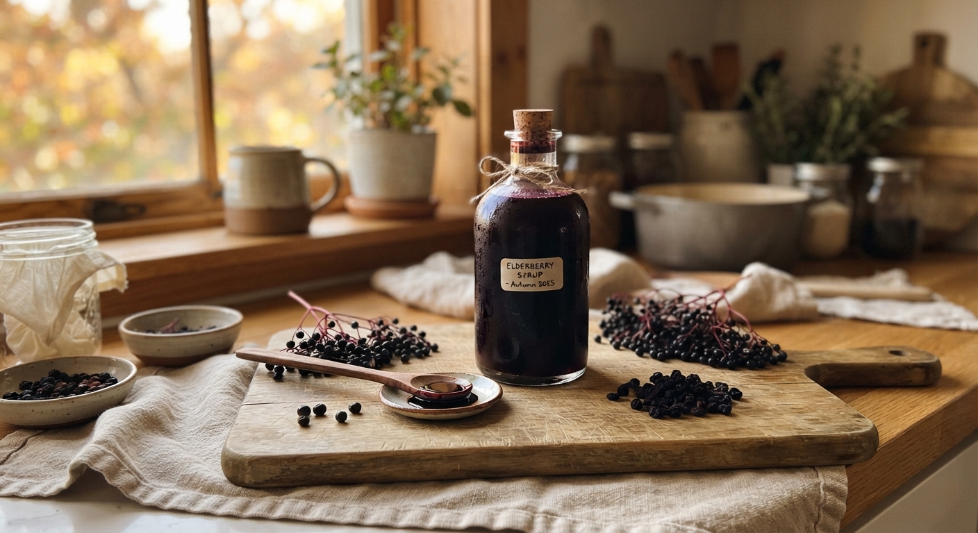 A cozy kitchen scene with a finished bottle of homemade elderberry syrup, a wooden spoon drizzled with dark syrup, fresh elderberries scattered on a cutting board, and a warm autumn light coming through the window