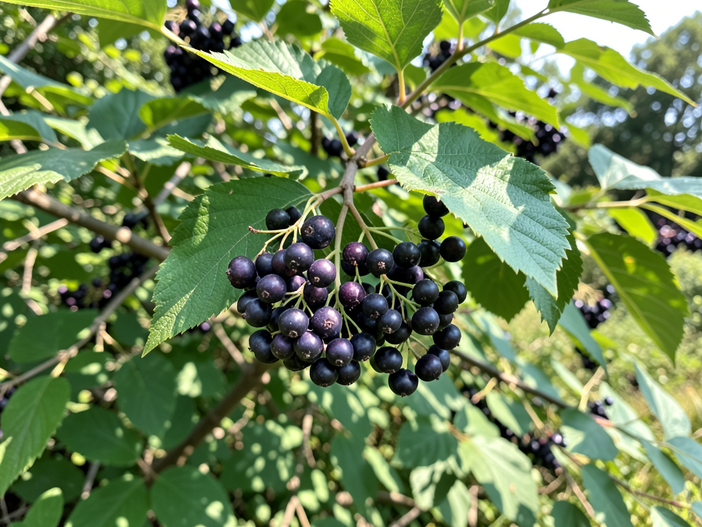 Ripe clusters of dark elderberries hanging from a wild elder shrub in late summer sunlight