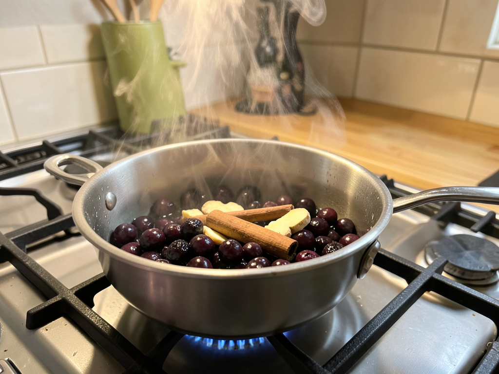 A saucepan with elderberries, sliced ginger, and a cinnamon stick simmering on a stovetop