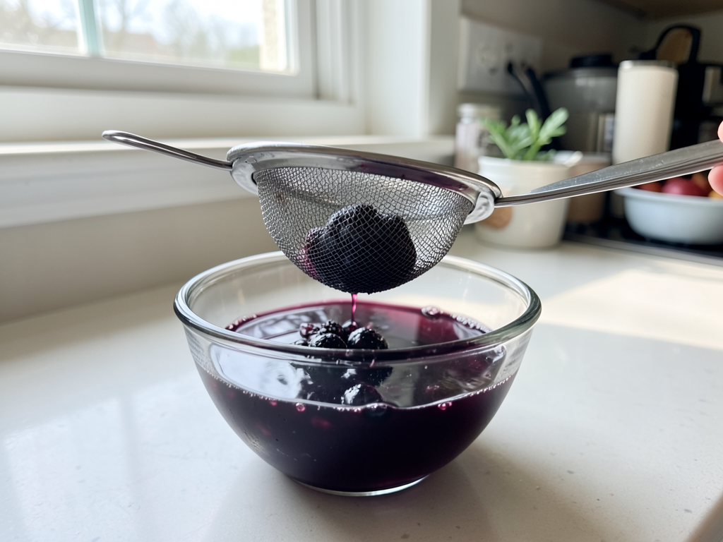 Dark purple elderberry liquid straining through a fine mesh strainer into a glass bowl