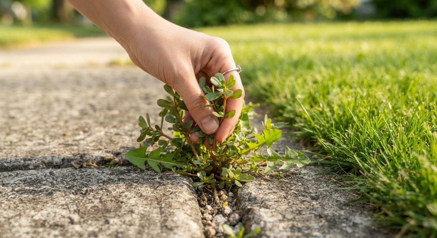 Close-up of a hand picking a small bunch of purslane and dandelion leaves growing in a sunny sidewalk crack next to a green lawn, natural daylight