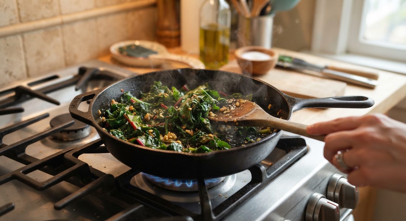 A cast iron skillet on a stove with sauteed wild greens and chopped garlic being stirred with a wooden spoon, steam rising, warm kitchen light
