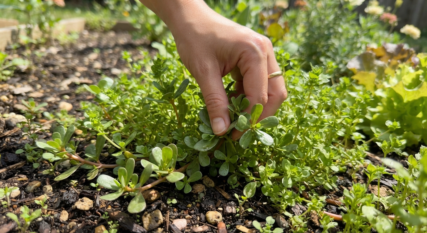 A hand reaching down to pick fresh green purslane and chickweed growing low in a sunny garden bed, close-up, shallow depth of field, bright natural daylight