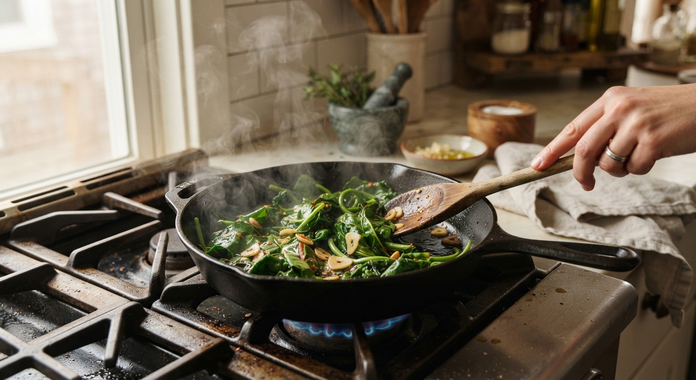 A cast iron skillet on a rustic stove with wild greens being sauteed with garlic and a wooden spoon stirring, steam rising, warm natural kitchen light