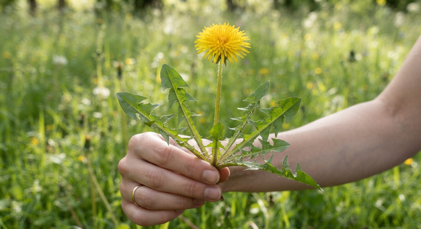 Close-up of a hand holding a fresh dandelion plant showing its jagged leaves and a single yellow flower, sharp detail on leaf edges and midrib, blurred green meadow background
