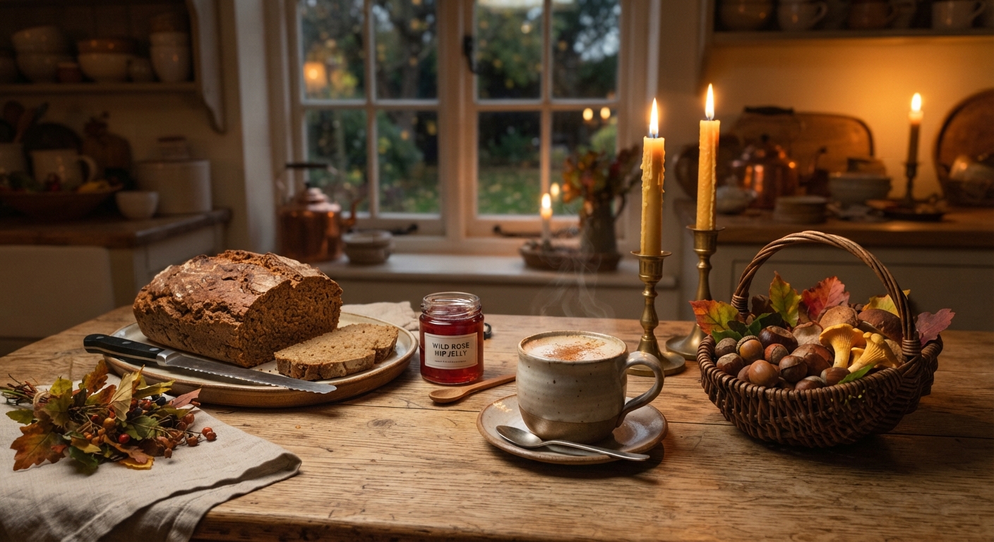 A warm, cozy closing scene — a rustic kitchen table at dusk with a freshly baked loaf of acorn bread, a jar of wild rose hip jelly, roasted dandelion root coffee in a ceramic mug, and a small basket of freshly foraged autumn nuts and mushrooms, soft golden candlelight, inviting atmosphere, realistic, shot by iphone 13