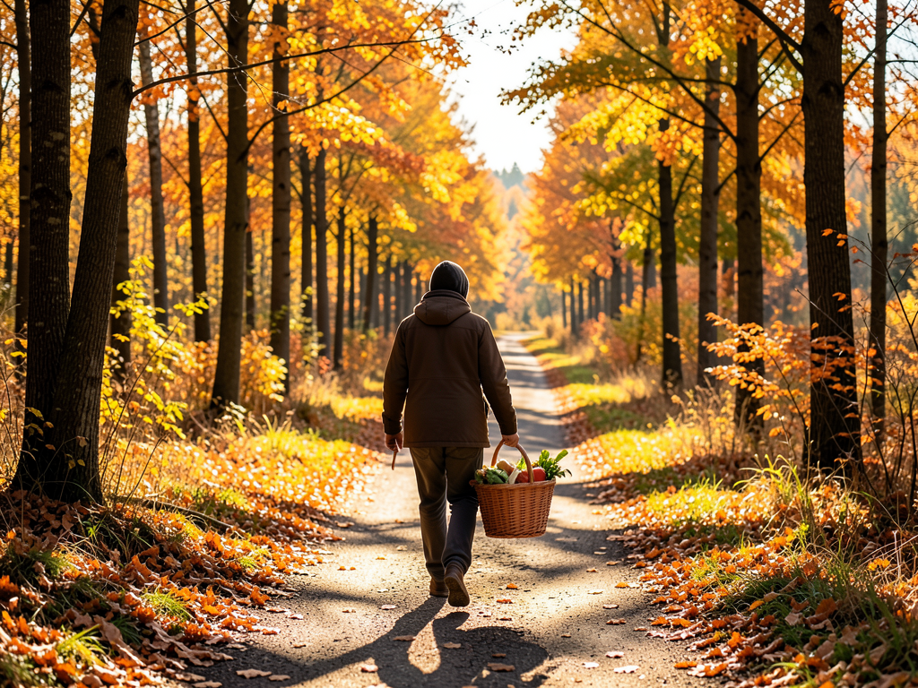 A peaceful autumn landscape scene showing a forager walking away from the camera down a forest path lined with golden and orange trees, carrying a woven basket filled with the day's harvest, warm late-afternoon sunlight creating long shadows, photorealistic atmosphere, realistic, shot by iphone 13