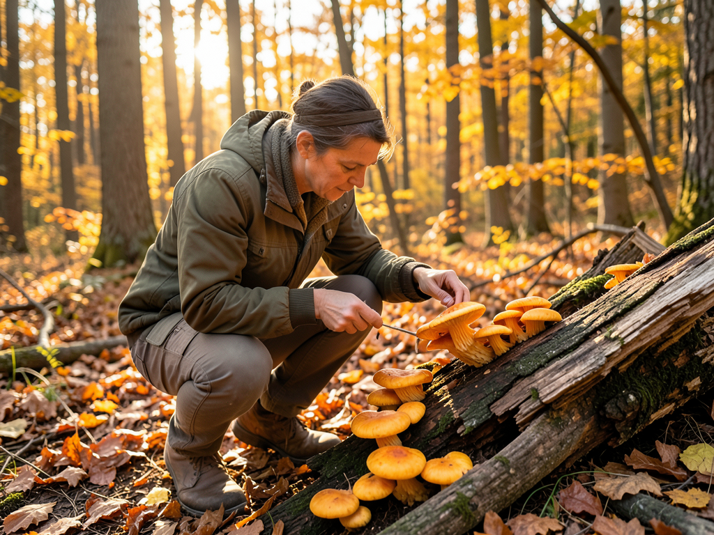 A forager crouching in a golden autumn forest, carefully inspecting a cluster of orange-yellow chicken of the woods mushrooms growing on an old fallen oak log, surrounded by fallen leaves and soft afternoon light filtering through the canopy, realistic, shot by iphone 13