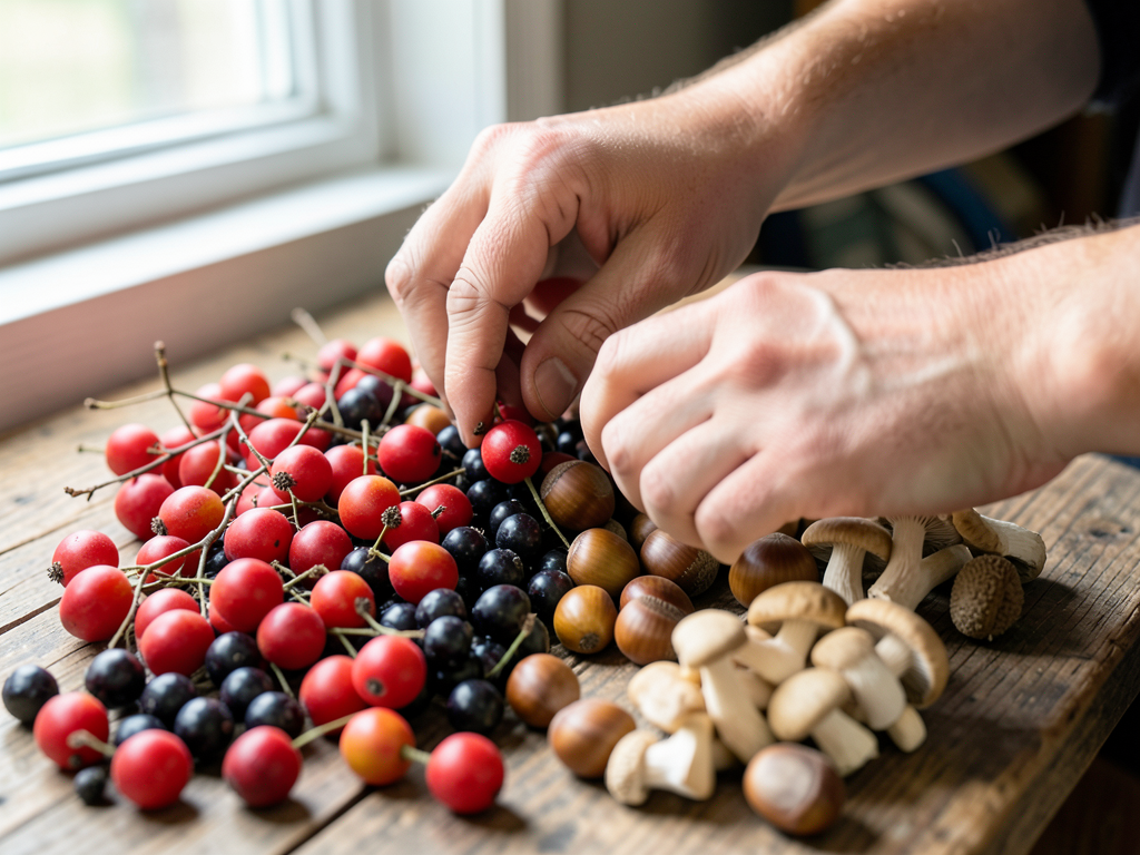 Close-up macro photograph of a forager's hands sorting through a colorful autumn harvest spread on rustic wood — bright red rose hips, dark purple elderberries, golden-brown chestnuts, and a cluster of fresh hen of the woods mushrooms, natural window light, realistic, shot by iphone 13