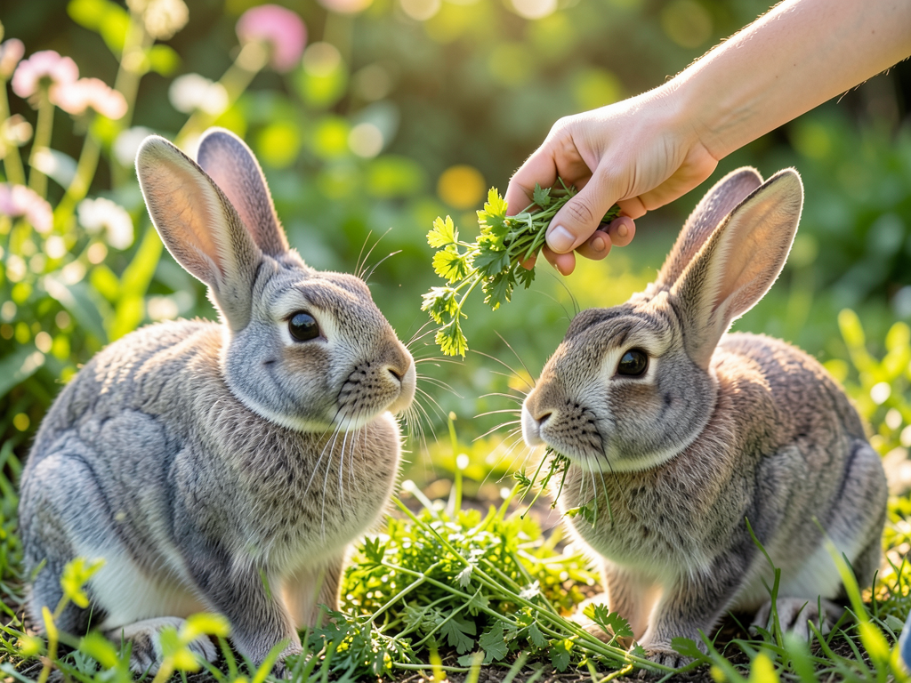 A personâs hand gently offering fresh wild green herbs to a gray rabbit in a sunny garden, warm natural lighting