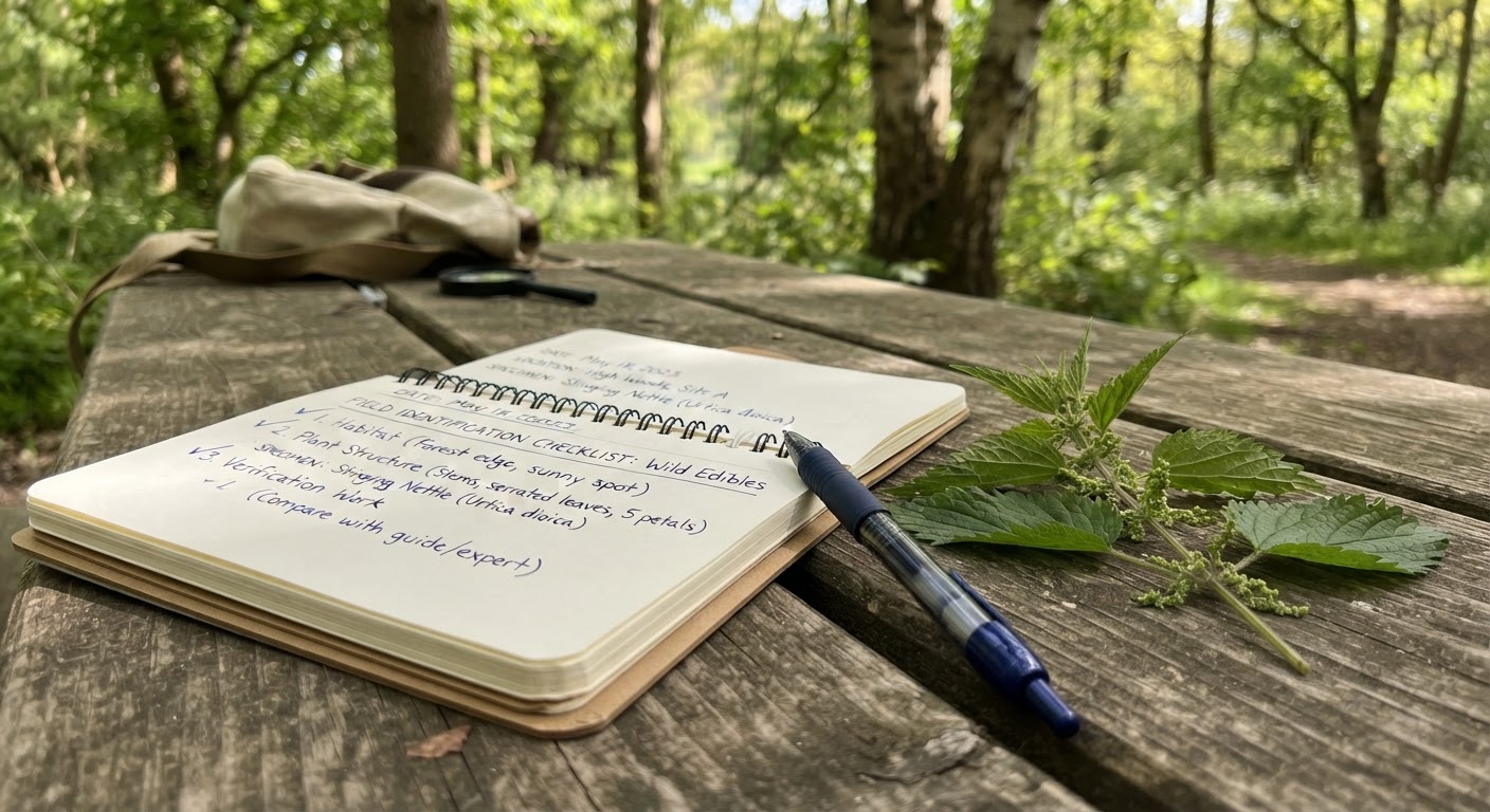 An open field notebook with a handwritten plant identification checklist, pen and wild plant specimen beside it, outdoor natural light
