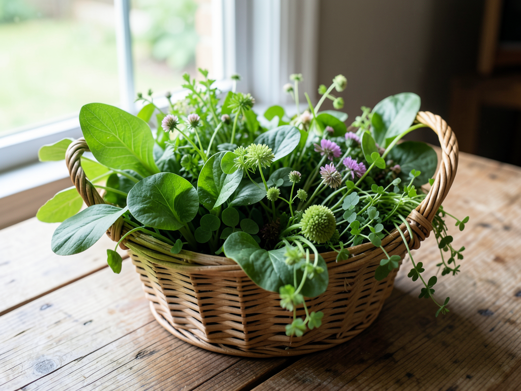 A woven basket filled with variety of freshly foraged wild edible greens including plantain leaves, clover flowers, and chickweed on a rustic wooden table