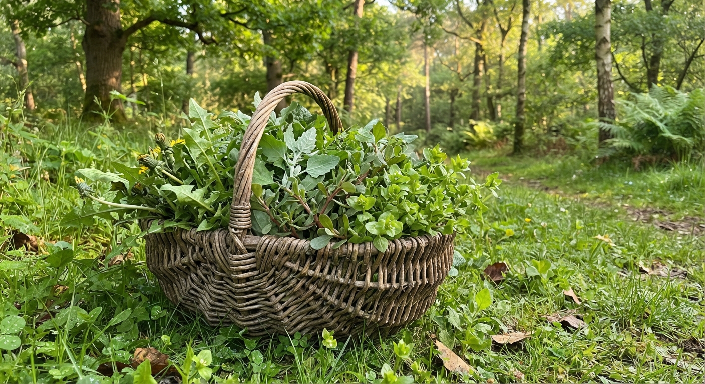 A woven wicker basket overflowing with freshly foraged wild greens including dandelion, lamb’s quarters, purslane and chickweed at a forest edge