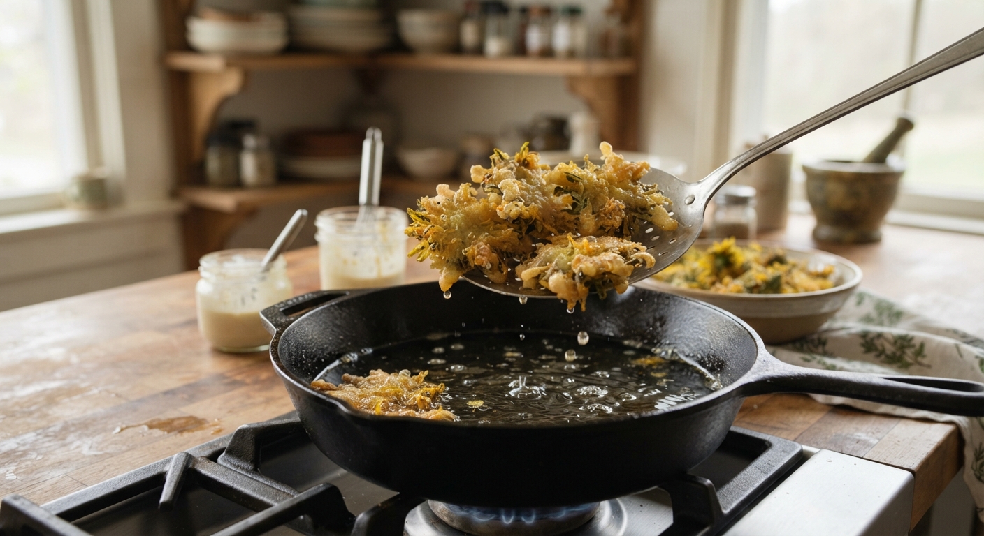 Golden dandelion flower fritters being lifted from a cast iron skillet with a slotted spoon