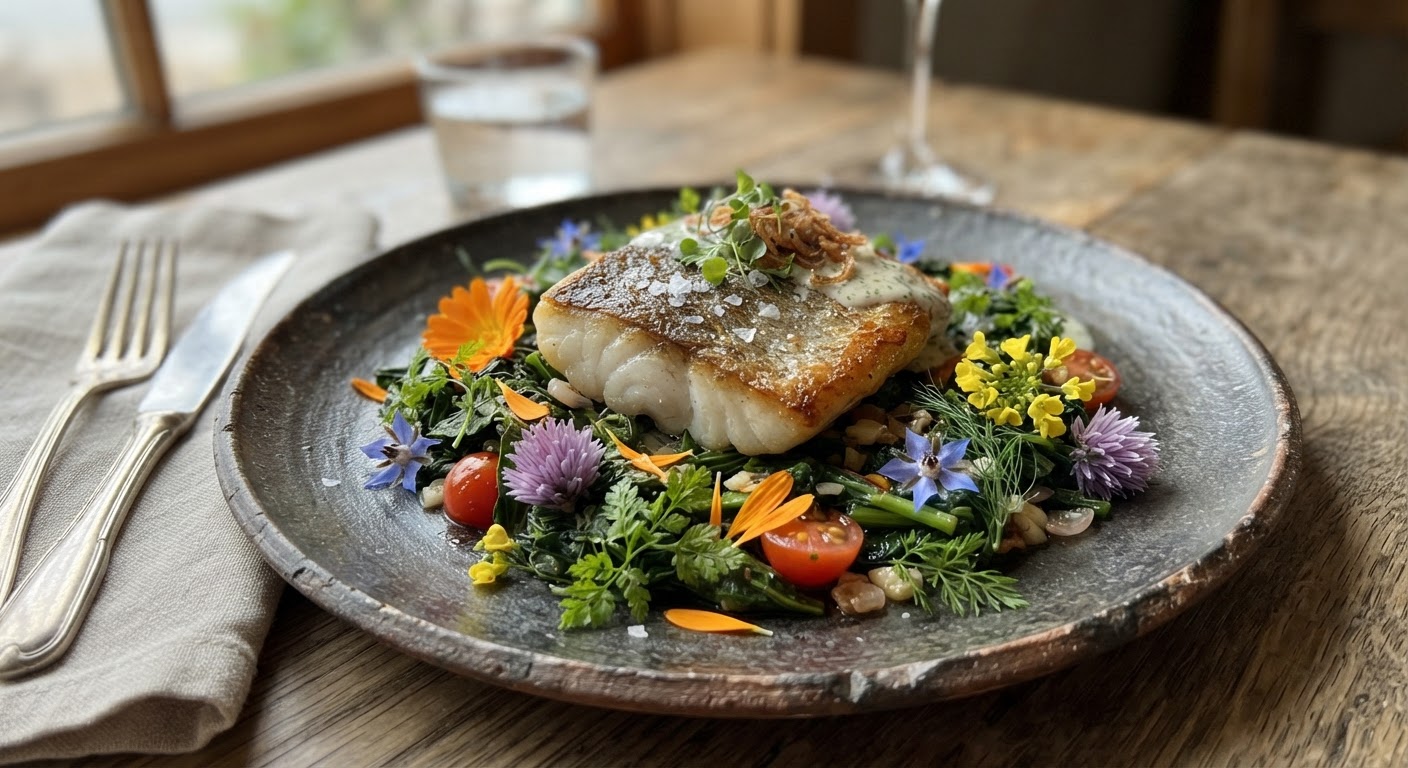 A beautifully plated dish featuring wild greens, edible flowers, and a fillet, restaurant-style presentation on dark ceramic