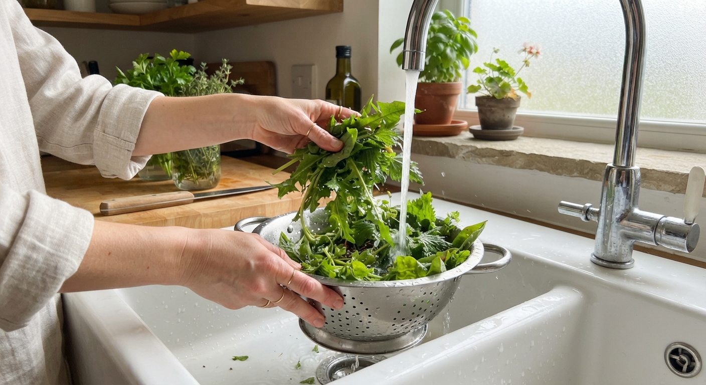 Hands rinsing fresh foraged greens in a colander under running water, kitchen setting