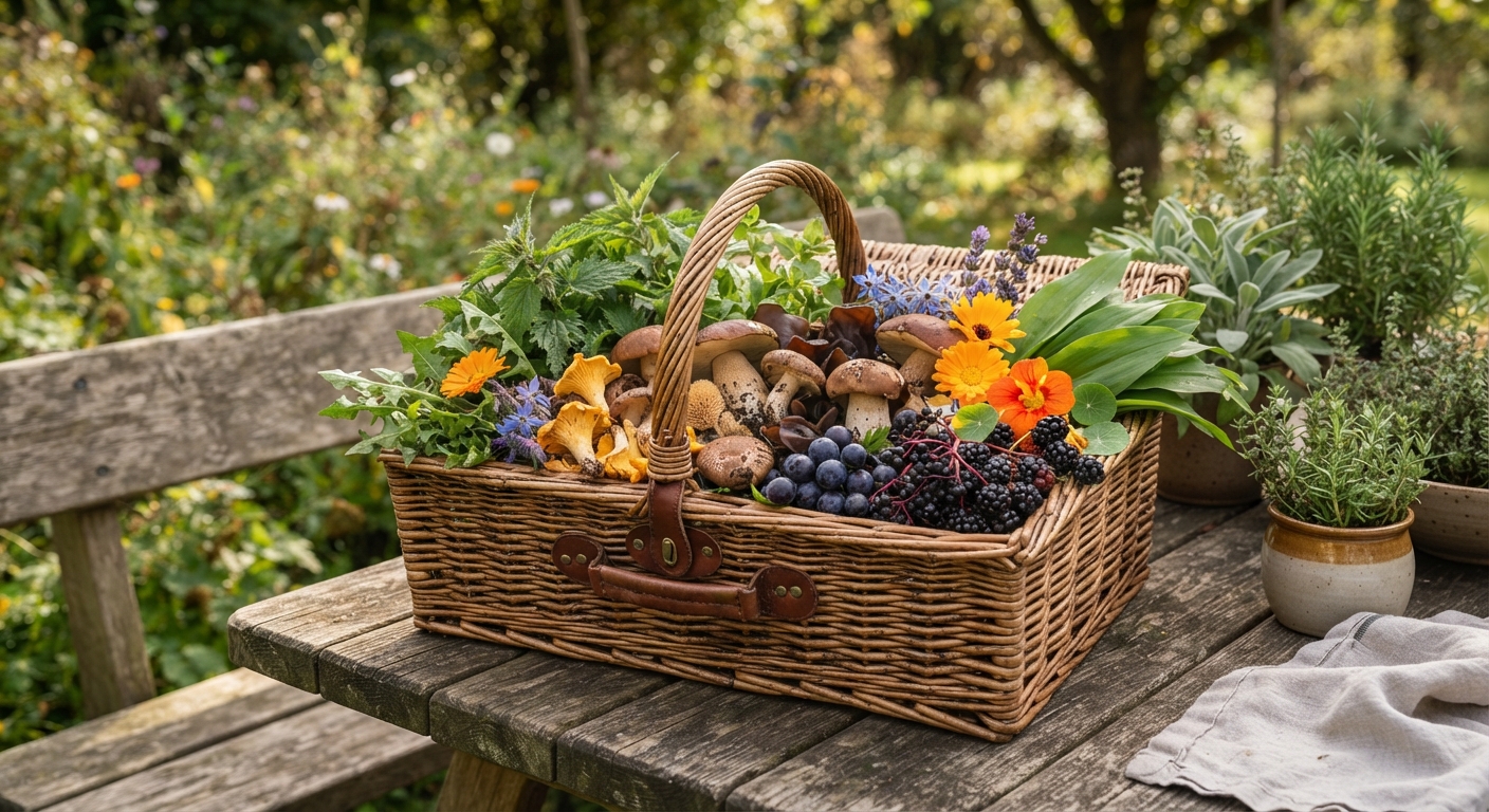 A wicker basket filled with seasonal foraged ingredients — wild greens, mushrooms, and berries