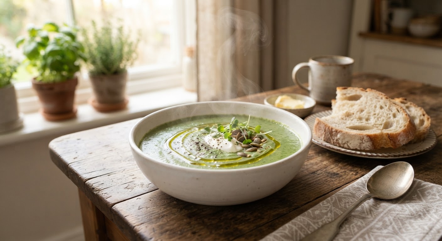 A steaming bowl of creamy green nettle soup in a white ceramic bowl with olive oil drizzle and crusty bread