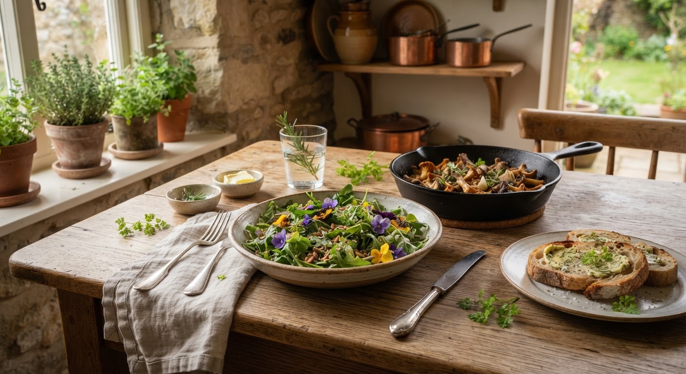 A rustic table filled with home-cooked dishes made from foraged wild edible plants