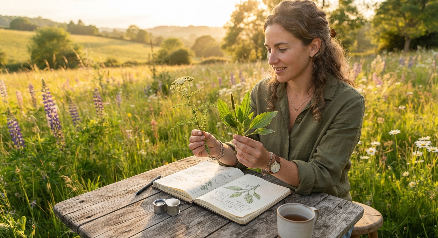 A forager comparing two different wild green plants side by side at an outdoor table, a field notebook open, golden hour sunlight in a meadow, realistic, shot by iphone 13
