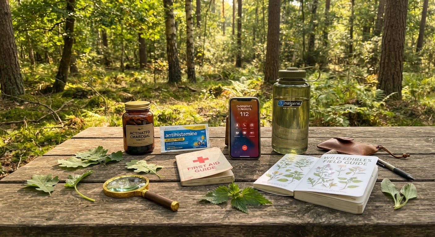 A foragers emergency field kit laid out on a wooden surface in a sunlit forest clearing, containing activated charcoal, antihistamine packets, a small first aid guide, phone with emergency contacts, water bottle, and plant identification field guide