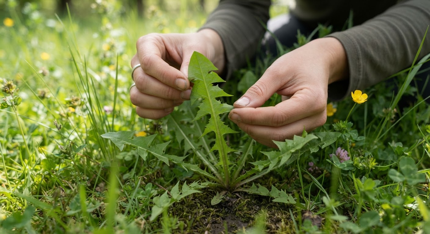 Close-up of two hands gently examining the deeply toothed leaves of a wild dandelion rosette in green grass, showing the distinctive downward-pointing leaf teeth, natural daylight, realistic, shot by iphone 13