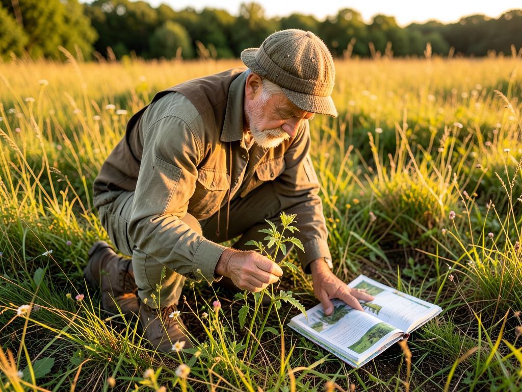 A forager crouching in a wild meadow examining a plant with a field guide open beside them, golden hour lighting creating warm tones