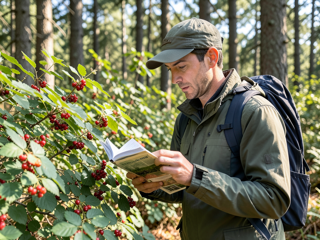 Careful forager using field guide book to identify wild berries in forest