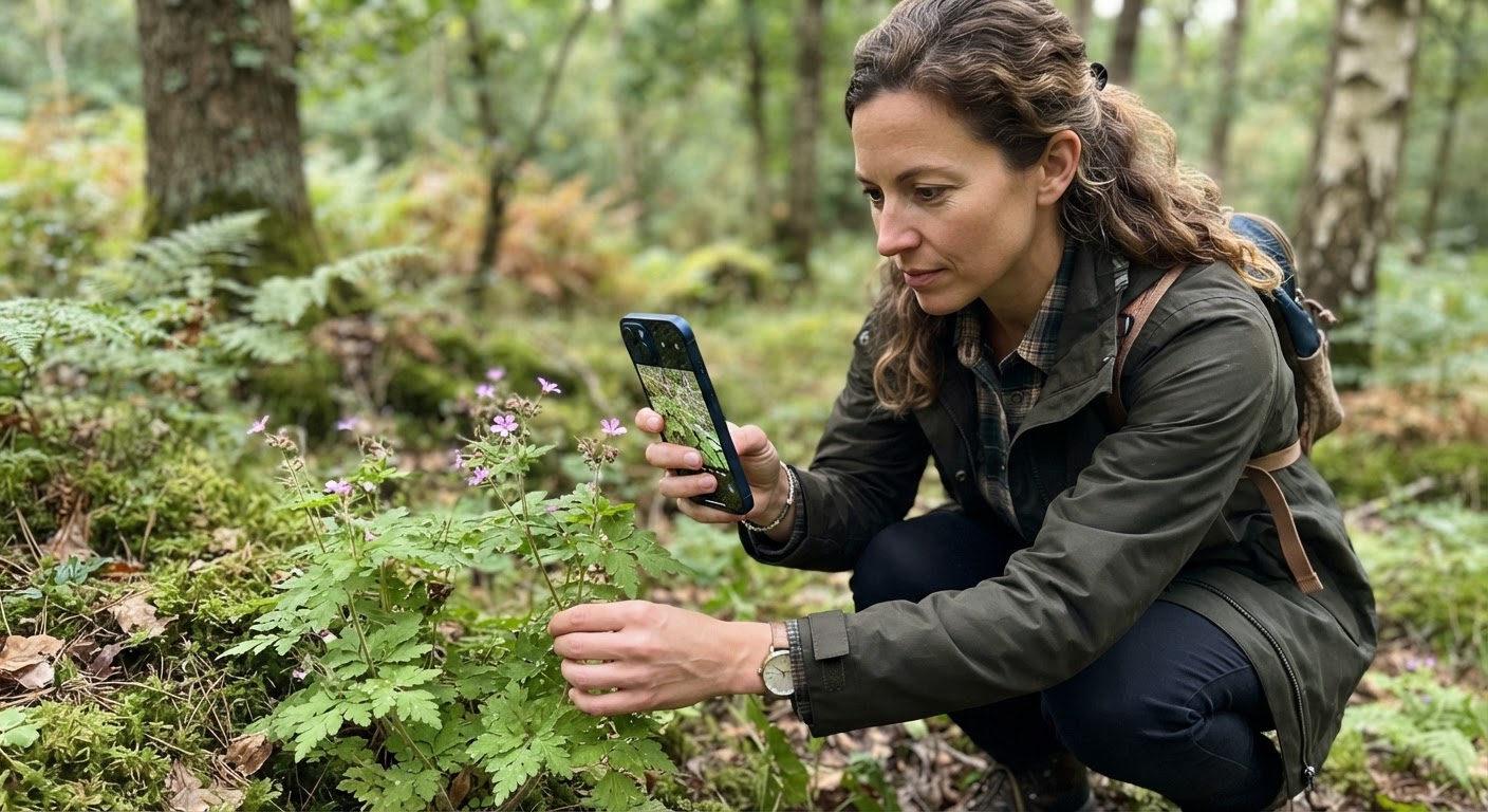 A forager using a smartphone camera to photograph a wild plant up close, focusing on leaf details and stem structure, forest clearing with natural diffused lighting, realistic, shot by iphone 13