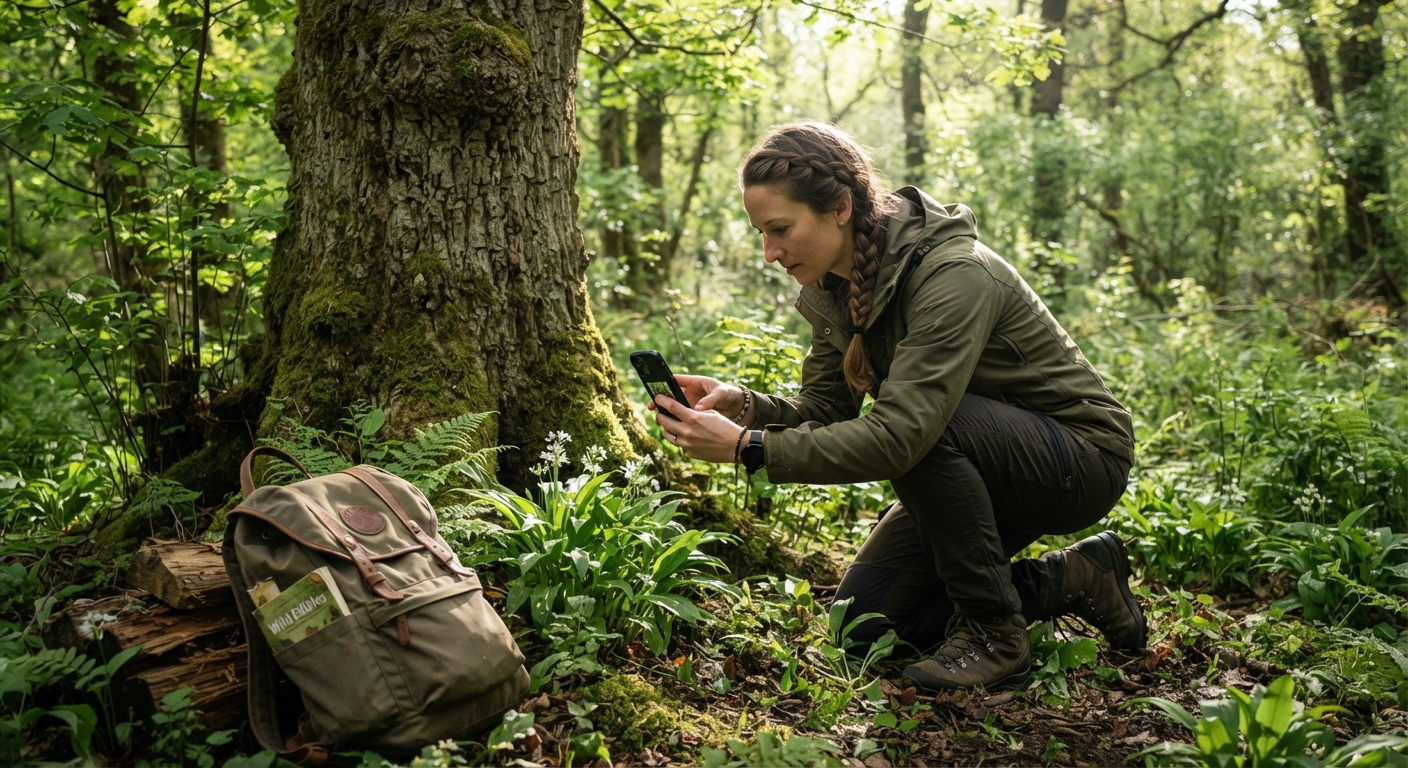 A forager kneeling in a lush green forest clearing, using a smartphone to photograph a cluster of wild edible plants growing at the base of an old oak tree, dappled sunlight filtering through the canopy, backpack with field guide nearby, authentic foraging scene, realistic, shot by iphone 13