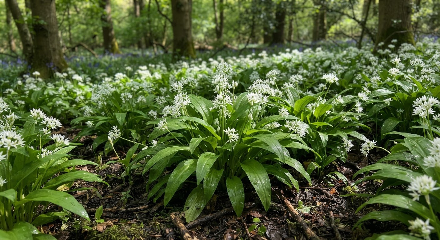 A lush patch of wild garlic growing in a…