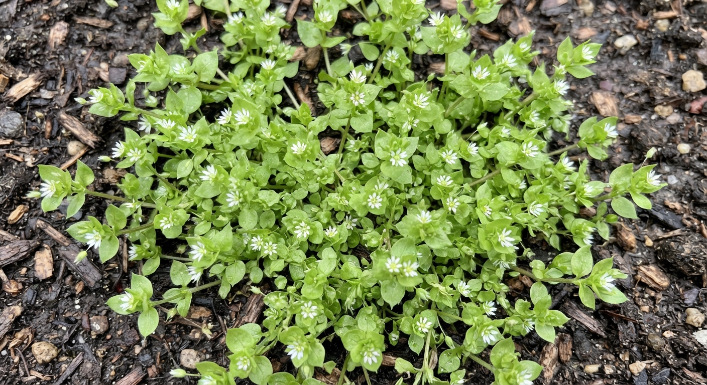 A top-down close-up of chickweed growing…