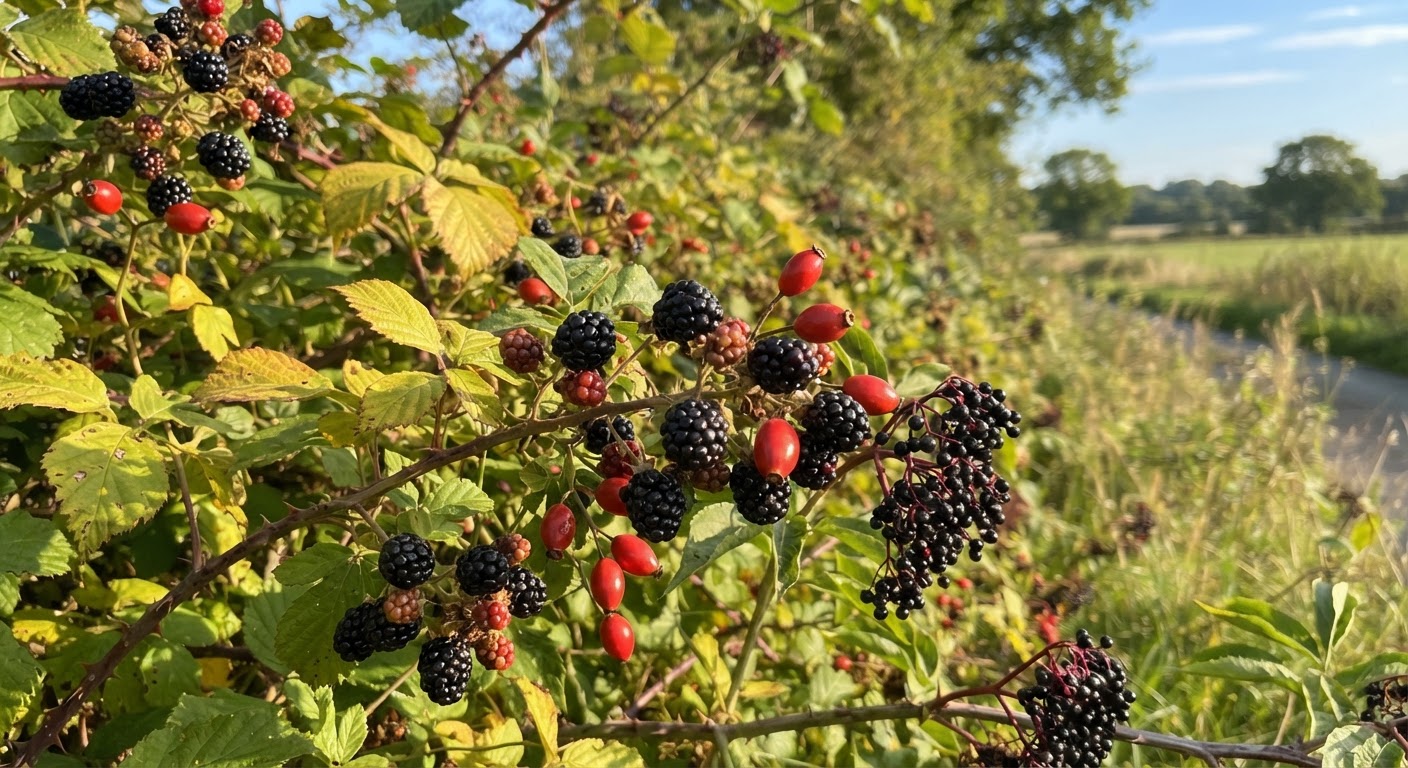 A sunlit hedgerow in late summer, heavy …
