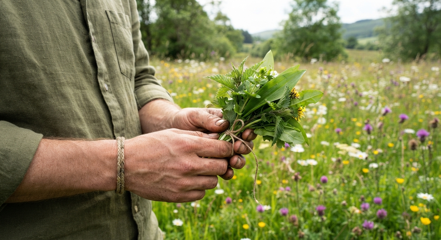 A forager’s hands holding a small bundle…