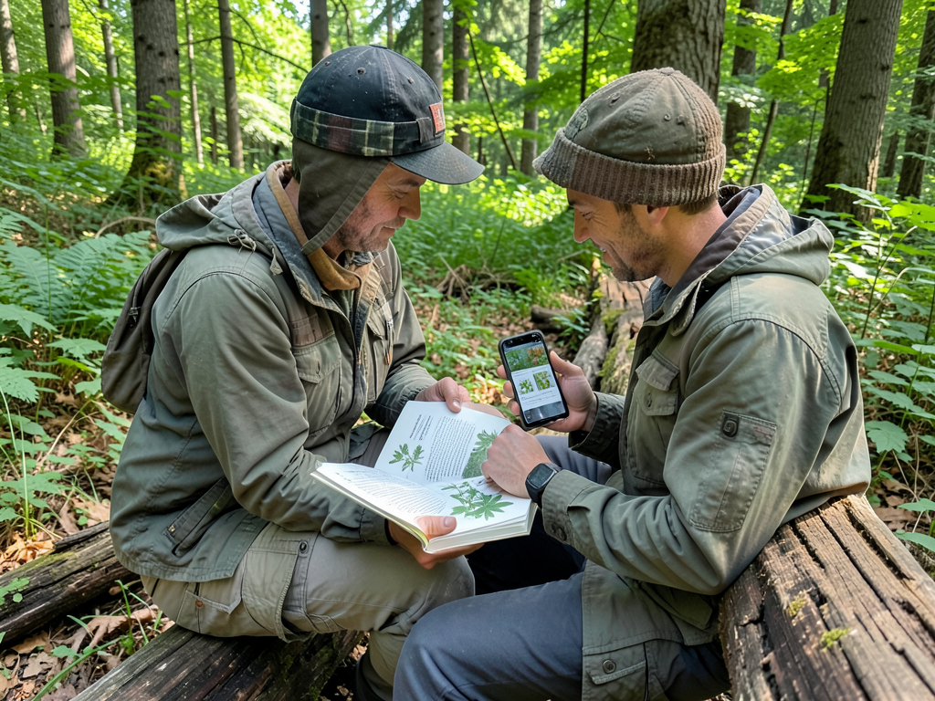 Forager comparing field guide book with smartphone in forest
