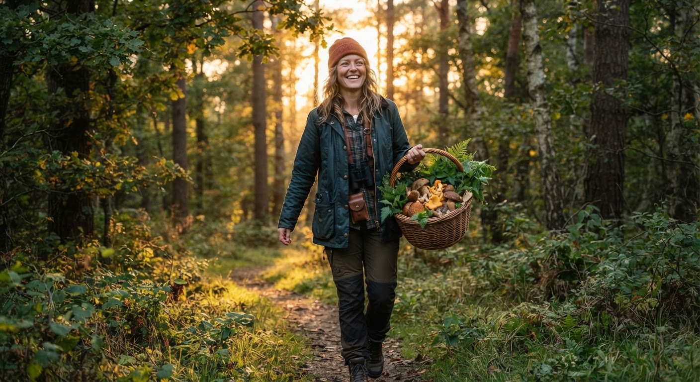 Happy forager with basket of wild edibles walking through forest at golden hour sunset