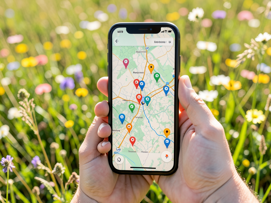 Smartphone GPS map with foraging location pins in meadow