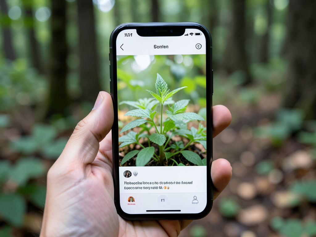 Smartphone showing plant identification app interface in forest