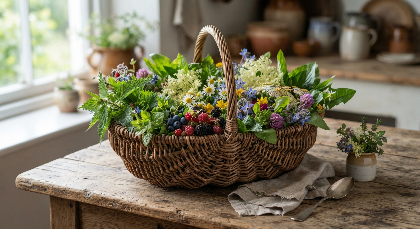 A wicker foraging basket filled with a colorful variety of freshly harvested wild greens, flowers, and berries on a rustic wooden table in natural light