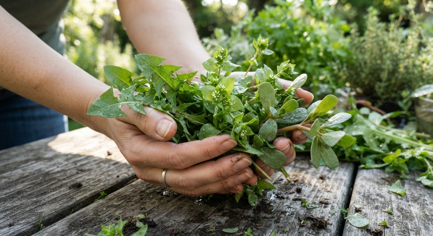Freshly picked wild edible greens — dandelion, chickweed, and purslane — held in both hands over a wooden surface