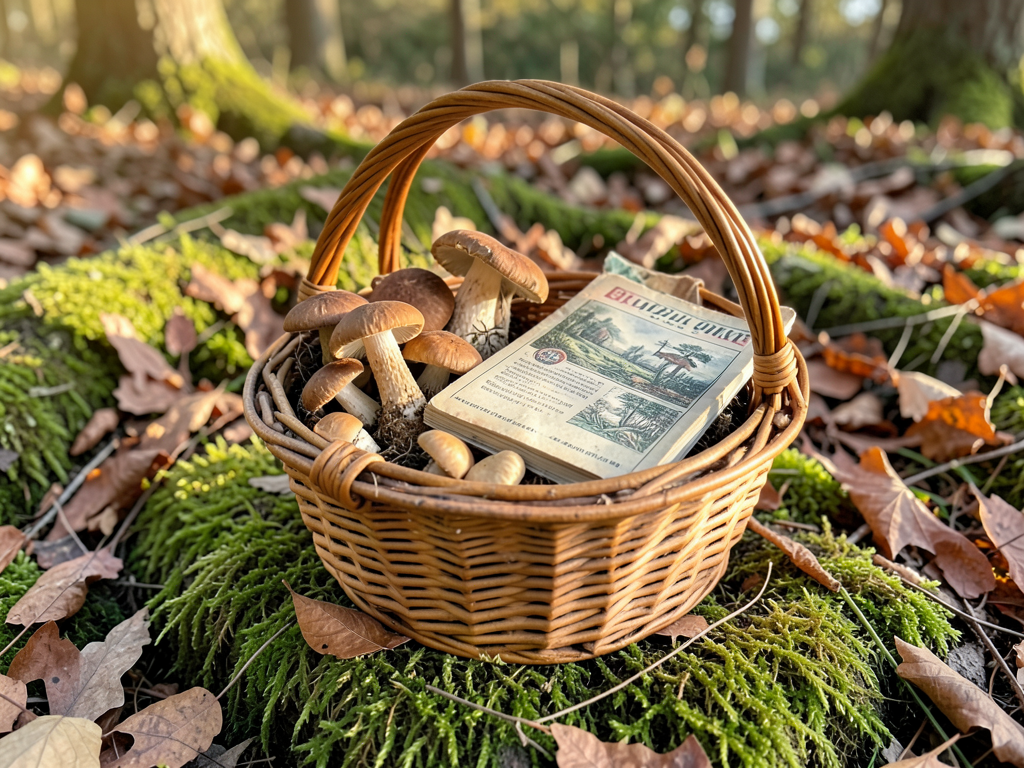 Foraging basket with mushrooms and guidebook
