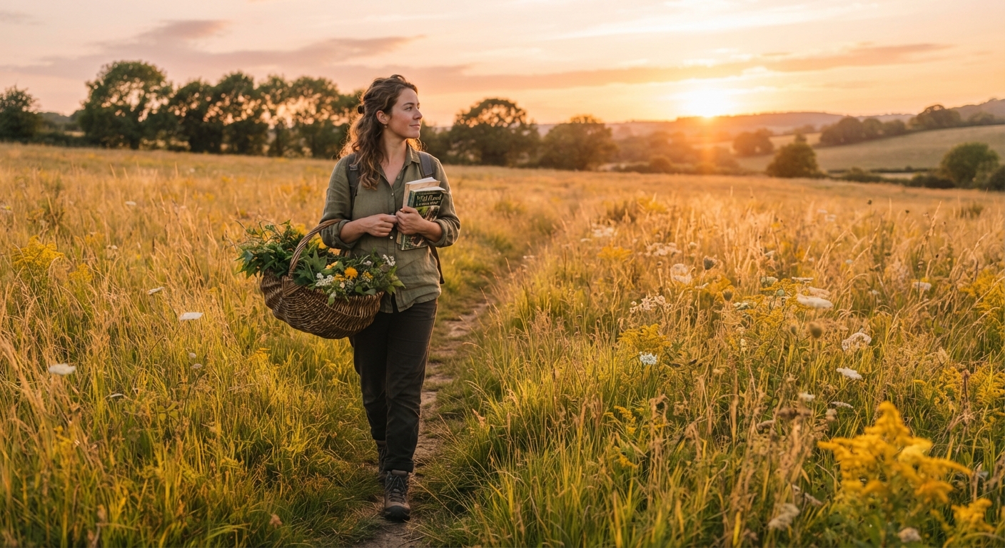 Forager with basket and field guide at golden hour