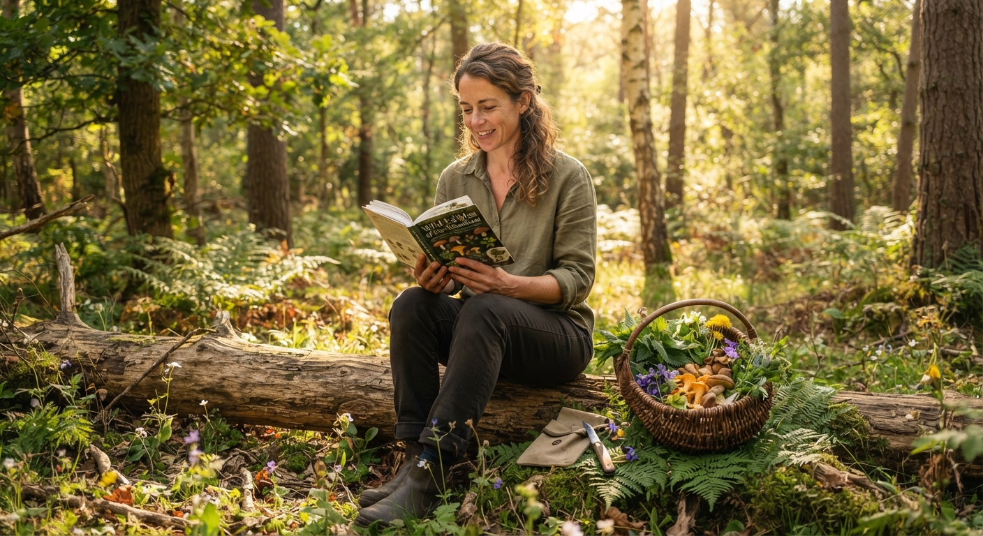 A person sitting on a fallen log in a sunlit forest clearing, holding an open foraging field guide book in their hands, a woven basket of freshly foraged wild greens, edible flowers, and mushrooms next to them, dappled golden sunlight filtering through tree canopy, peaceful nature scene, realistic, shot by iphone 13