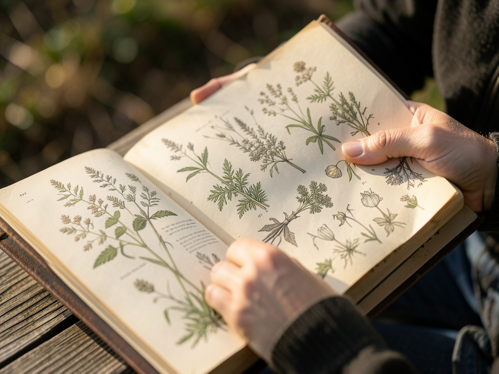 Flipping through botanical illustrations in a field guide