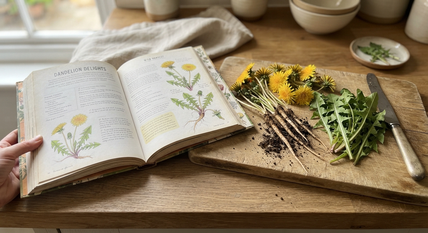 A foraging cookbook open to a chapter on dandelions, with freshly harvested dandelion roots, leaves, and flowers arranged on a rustic kitchen board